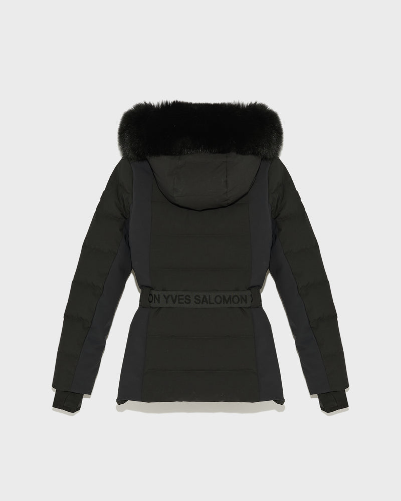 Mixed fabric belted skiwear jacket with fox fur trim - black - Yves Salomon