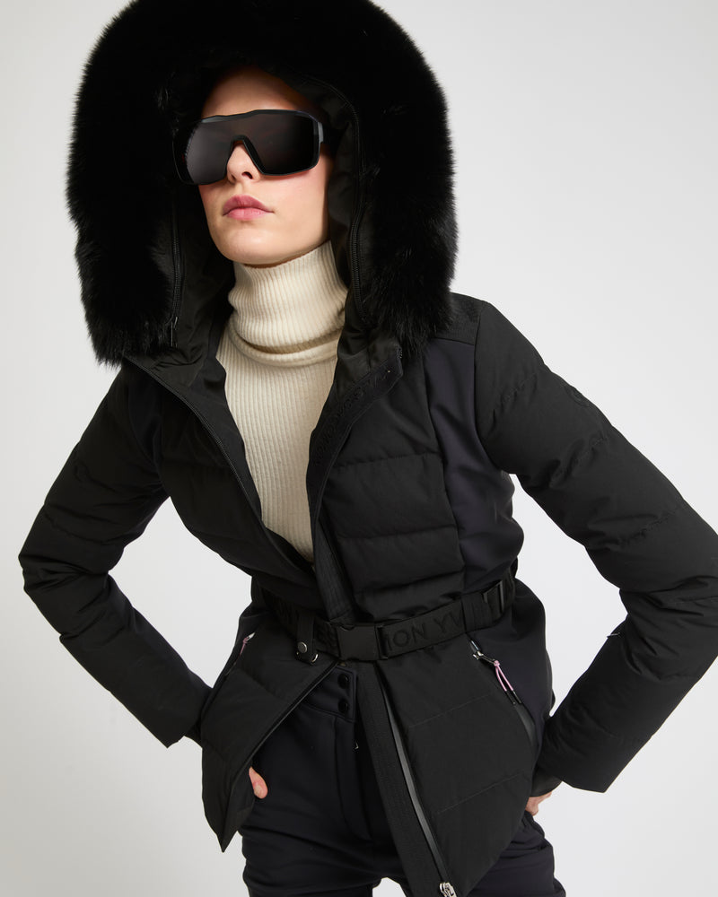 Mixed fabric belted ski jacket with fox fur trim