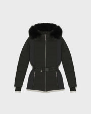 Mixed fabric belted ski jacket with fox fur trim