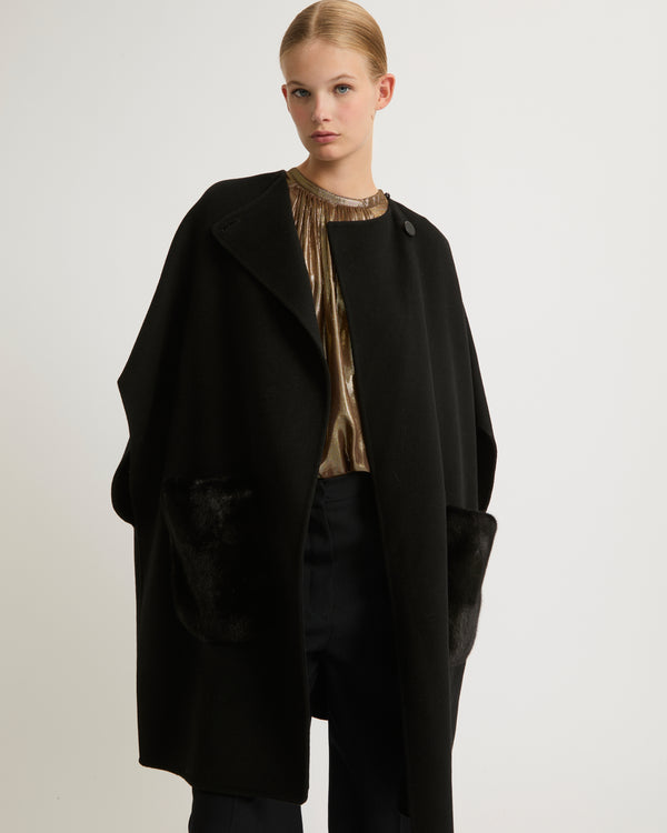 Cashmere blend cape with removable mink pockets - black - Yves Salomon