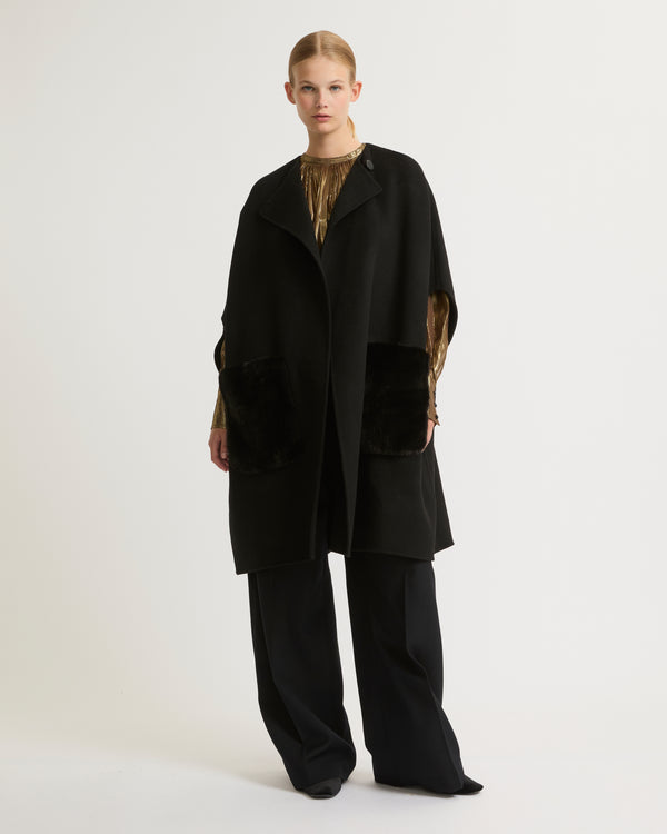 Cashmere blend cape with removable mink pockets - black - Yves Salomon