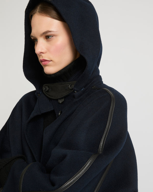 Double-sided cashmere blend hooded cape - navy - Yves Salomon