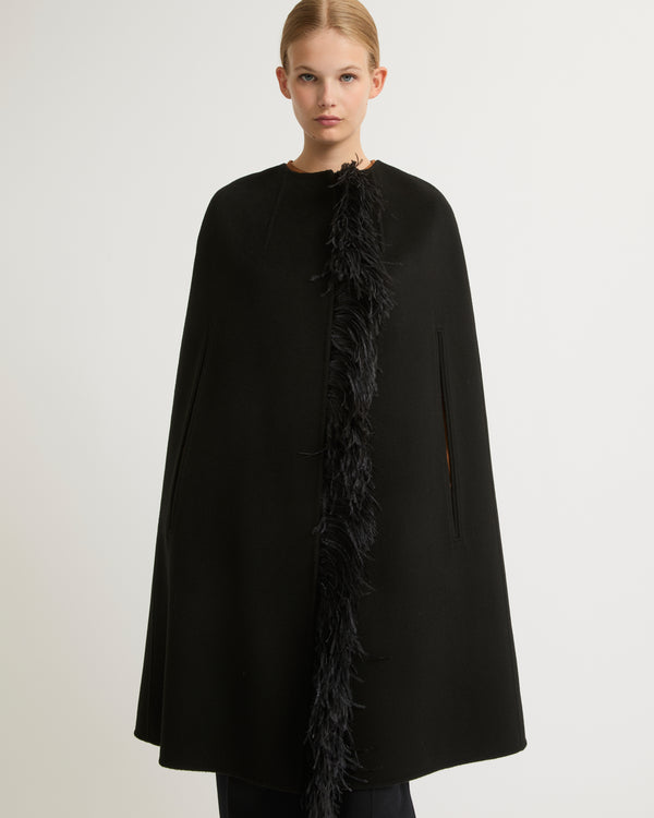 Double-sided cashmere blend maxi cape with feather details