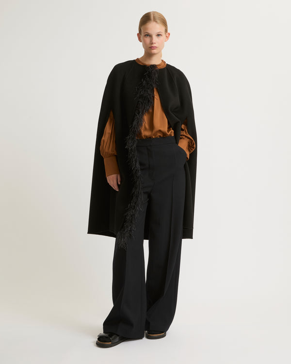 Double-sided cashmere blend maxi cape with feather details