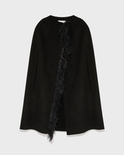 Double-sided cashmere blend maxi cape with feather details