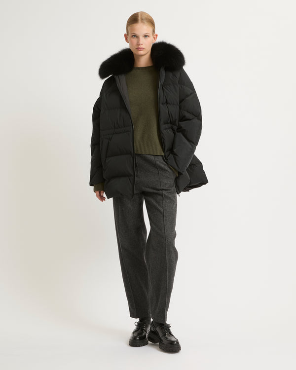 Technical fabric down cape with detachable fox fur collar - black - Yves Salomon