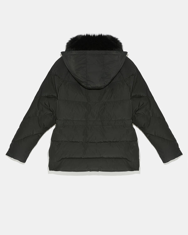 Technical fabric down jacket with detachable fox fur collar