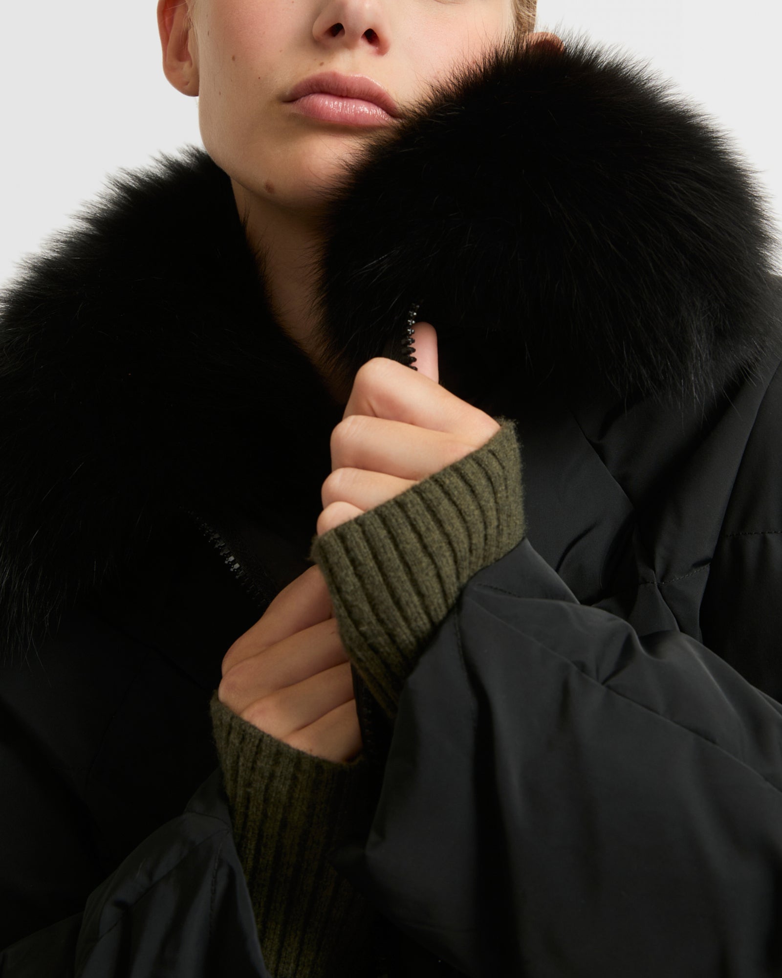 Technical fabric down cape with fox fur - black - Winter sale