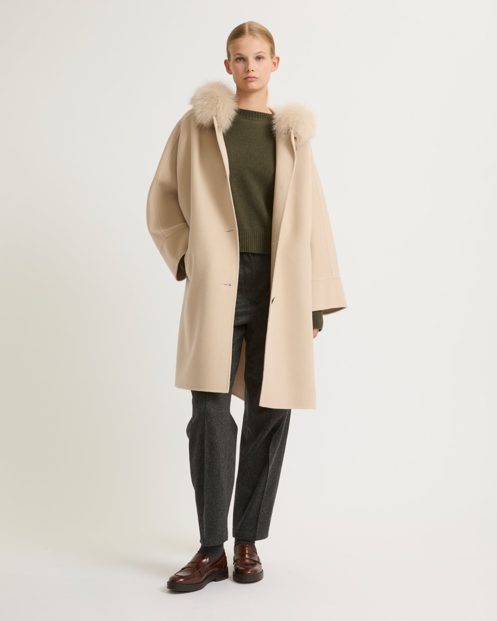 Cashmere blend hooded cape with fox trim - beige - Yves