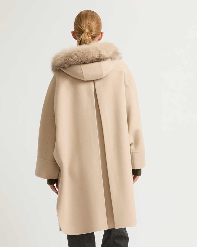 Cashmere blend hooded cape with fox trim - beige - Yves Salomon