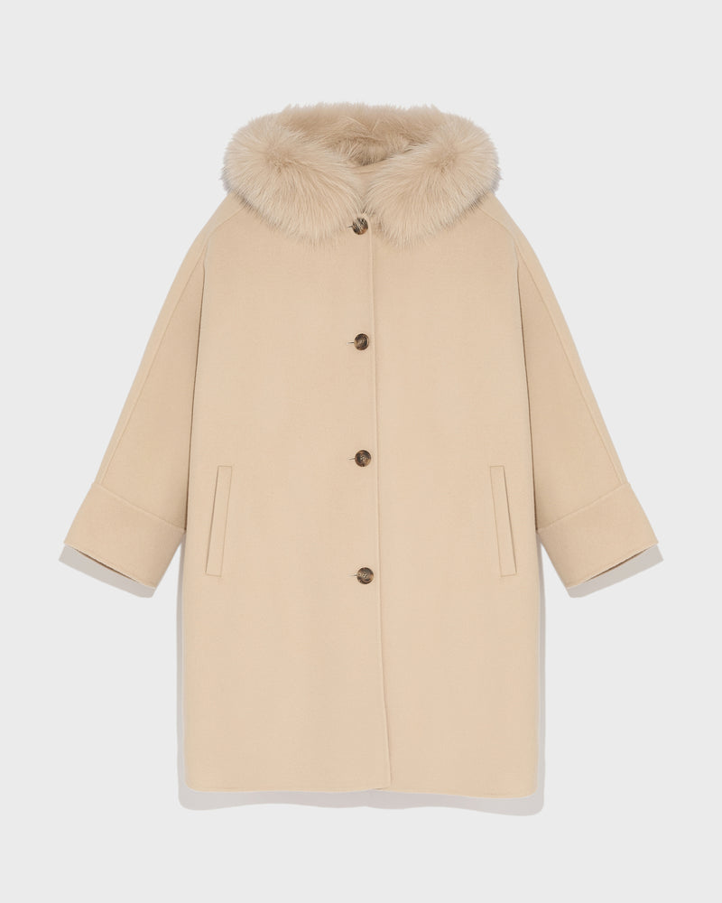 Cashmere blend hooded cape with fox trim - beige - Yves Salomon