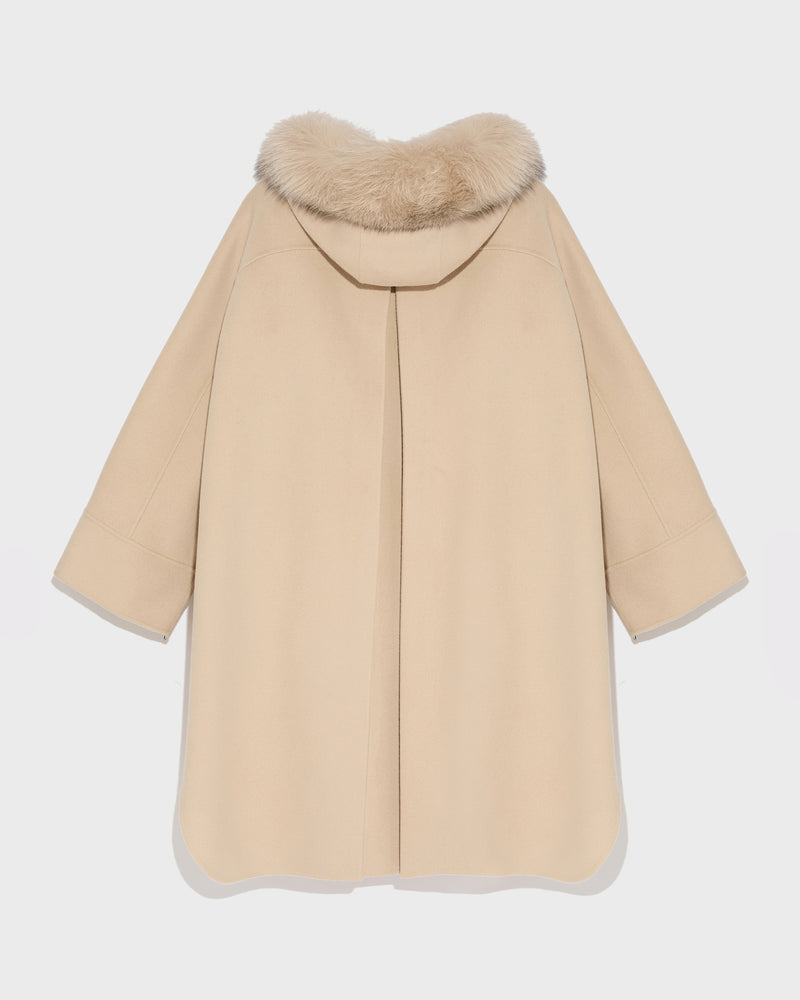 Cashmere blend hooded cape with fox trim - beige - Yves Salomon