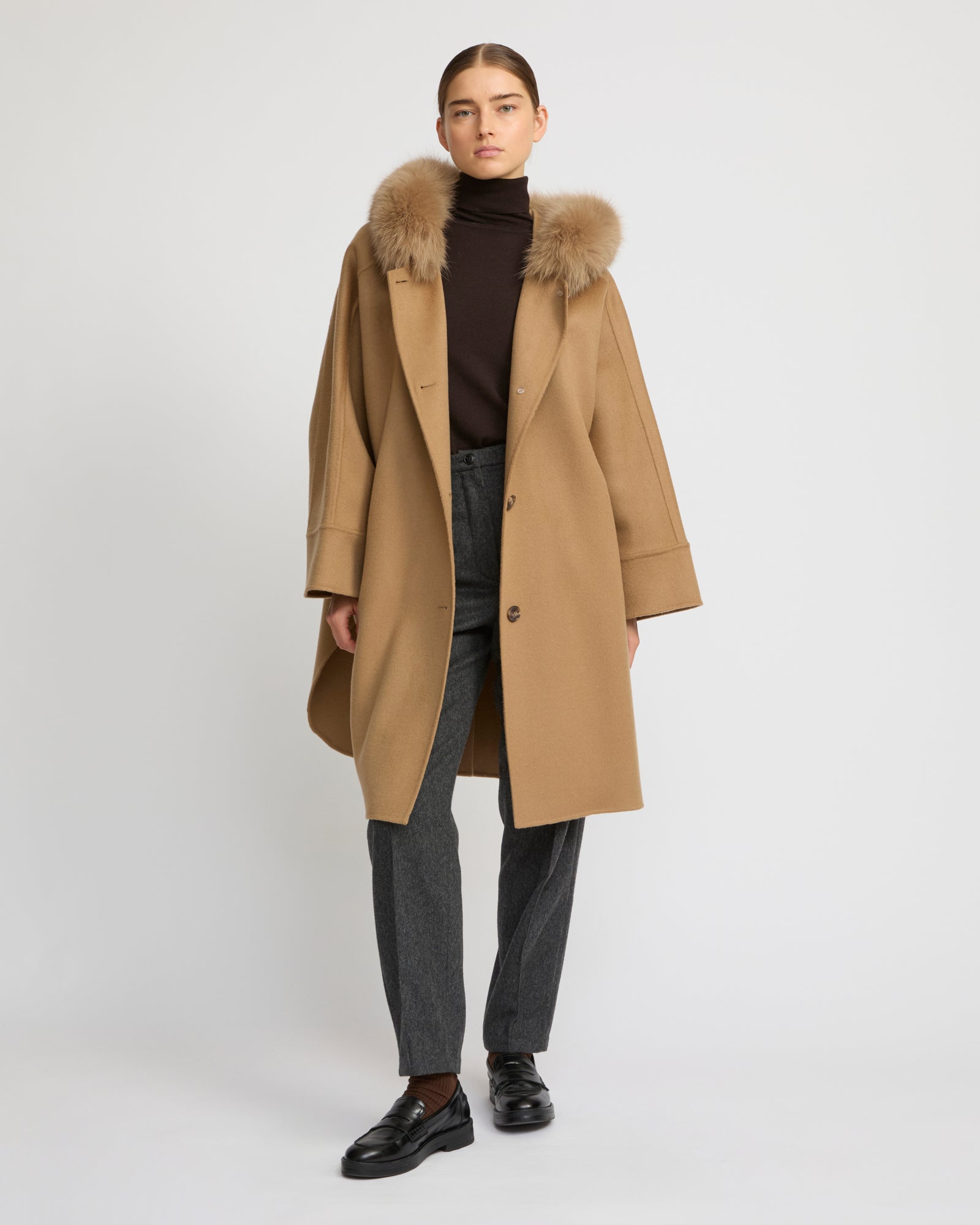 Cashmere blend hooded cape with fox trim - camel - Winter sale