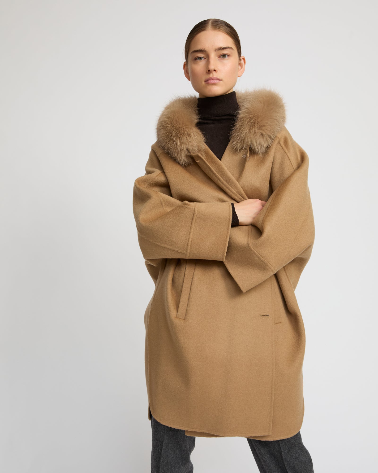 Cashmere blend hooded cape with fox trim - camel - Winter sale