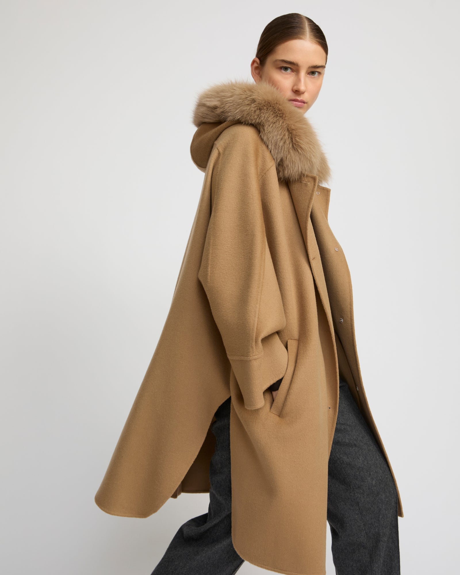Cashmere blend hooded cape with fox trim - camel - Winter sale