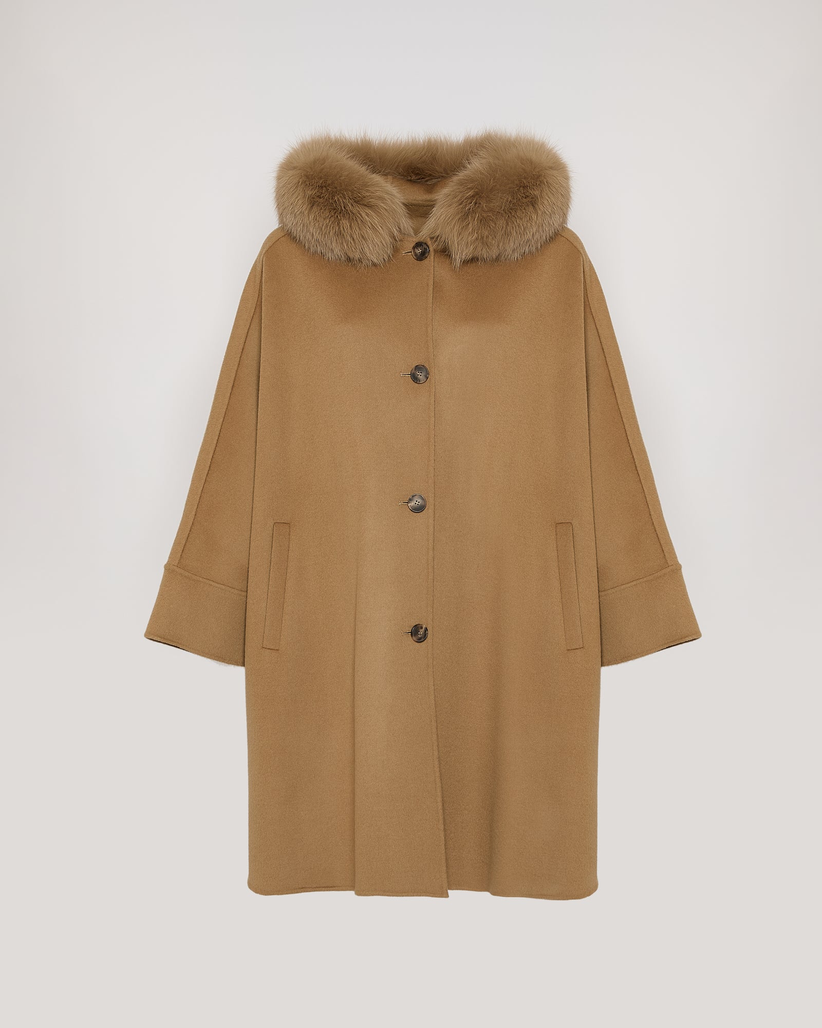 Cashmere blend hooded cape with fox trim - camel - Winter sale