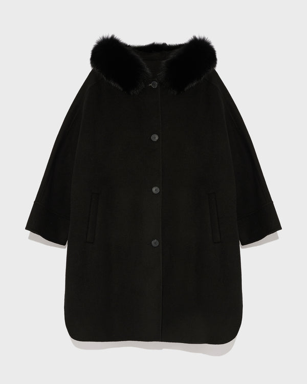 Cashmere blend hooded cape with fox trim - black - Yves Salomon