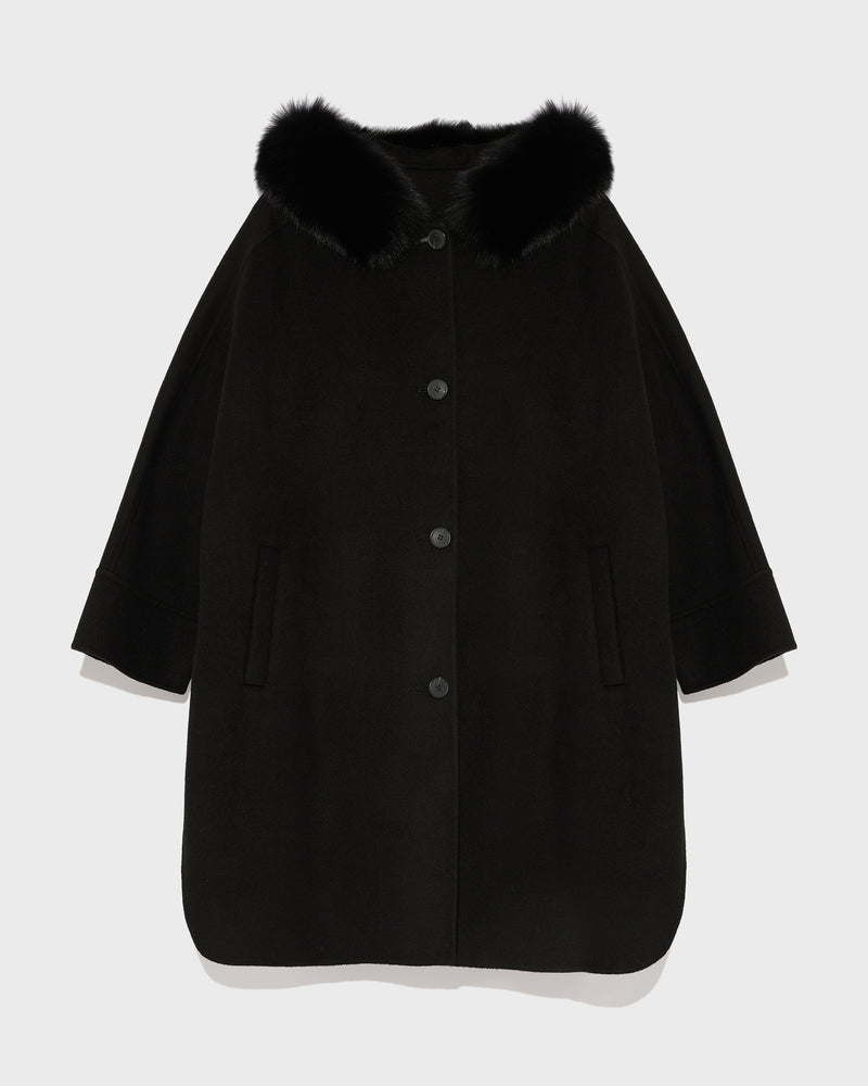 Cashmere blend hooded cape with fox trim - black - Yves Salomon