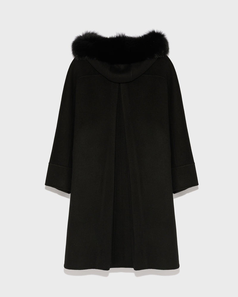 Cashmere blend hooded cape with fox trim - black - Yves Salomon