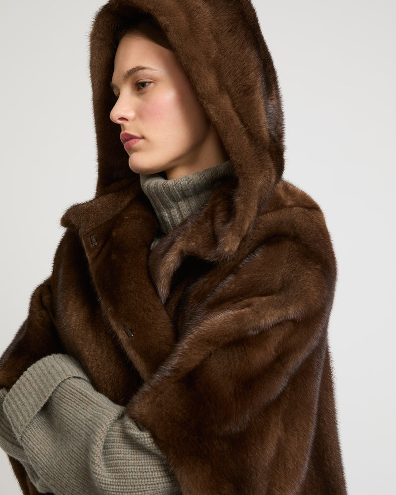 Long-haired mink fur hooded cape - brown - Yves Salomon