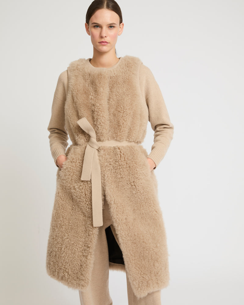 Long belted gilet in merino knit and lambskin - beige - Yves Salomon