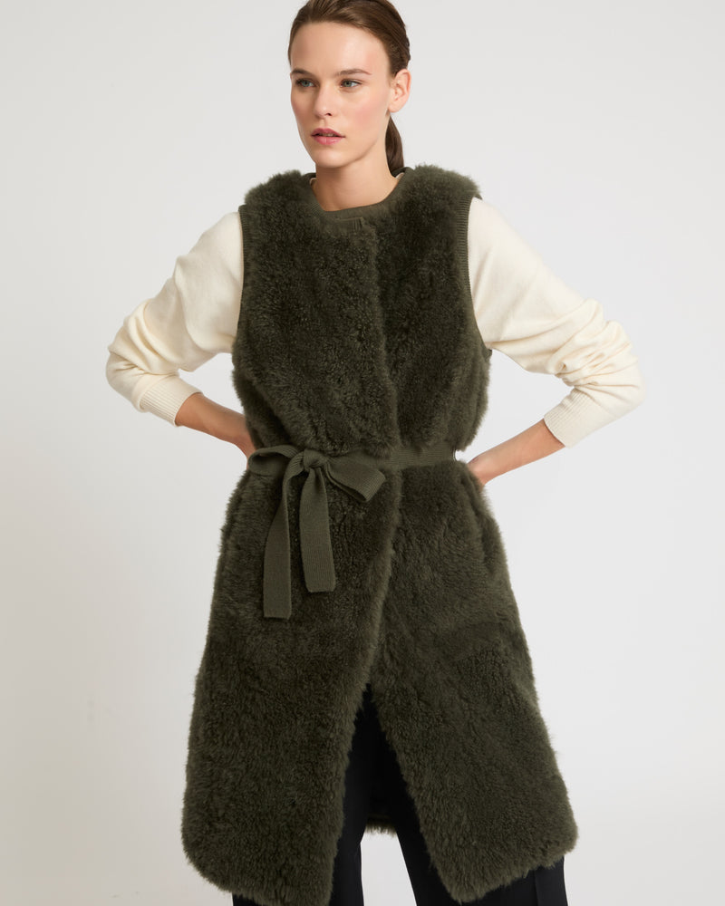 Long belted gilet in merino knit and lambskin - khaki - Yves Salomon