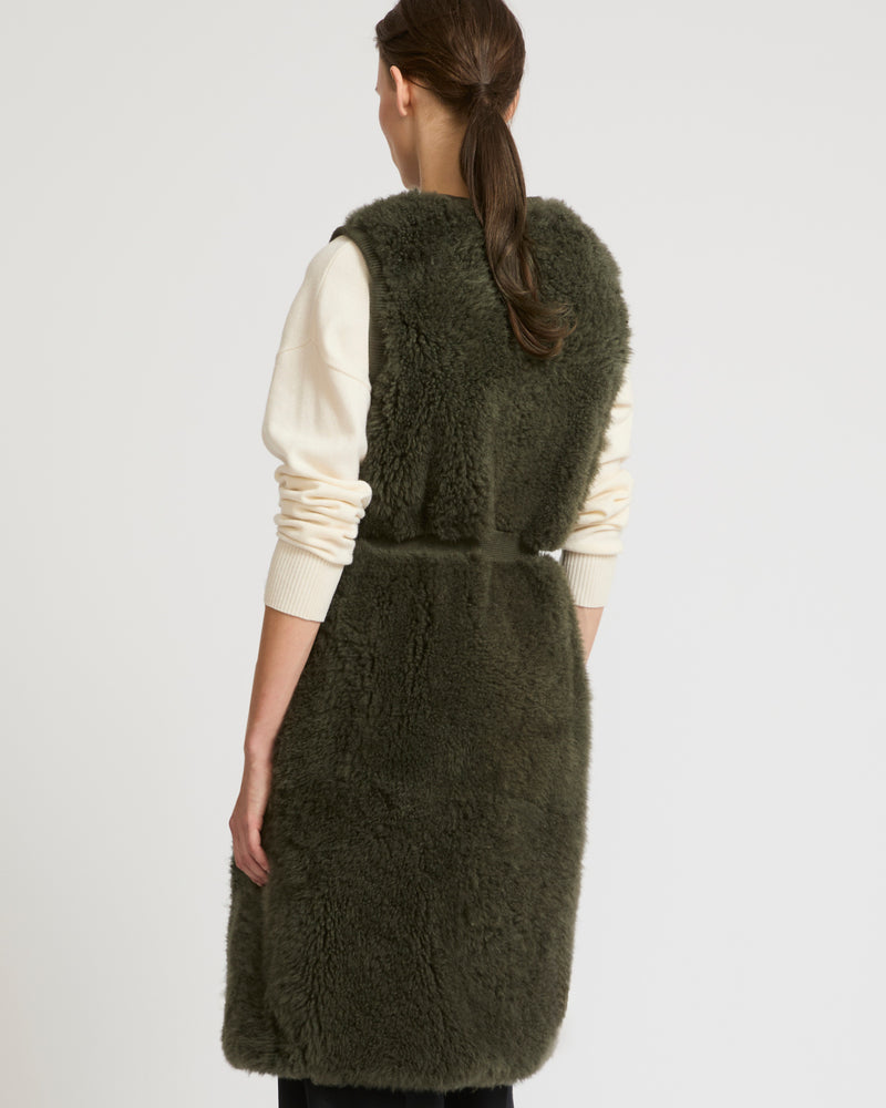 Long belted gilet in merino knit and lambskin - khaki - Yves Salomon