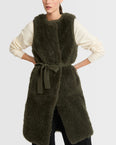Long belted gilet in merino knit and lambskin