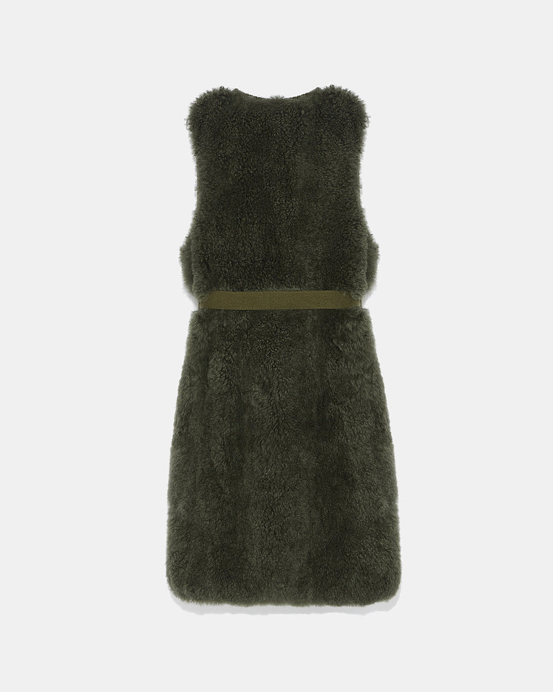 Long belted gilet in merino knit and lambskin - khaki - Yves Salomon