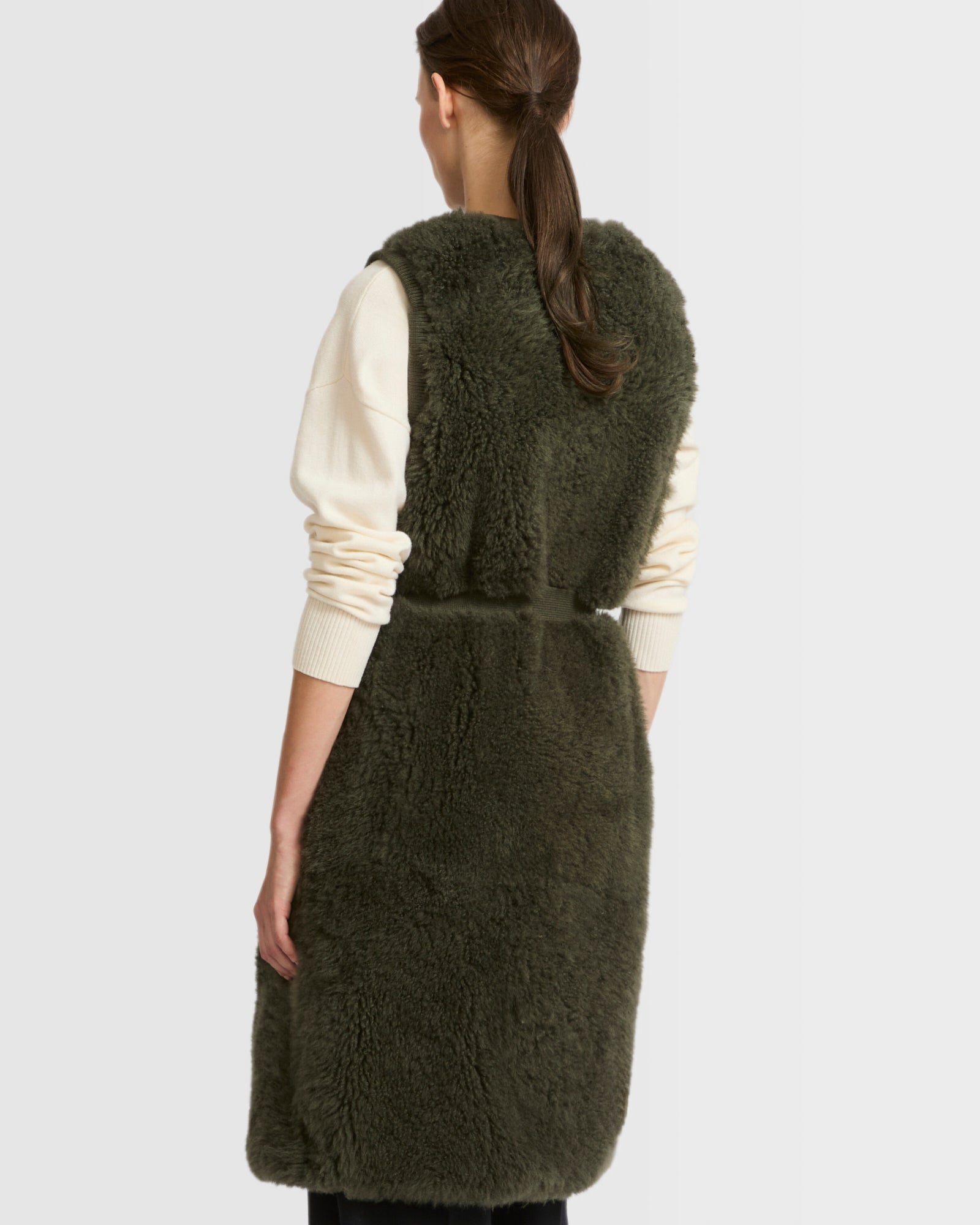 Long belted gilet in merino knit and lambskin - khaki - Winter