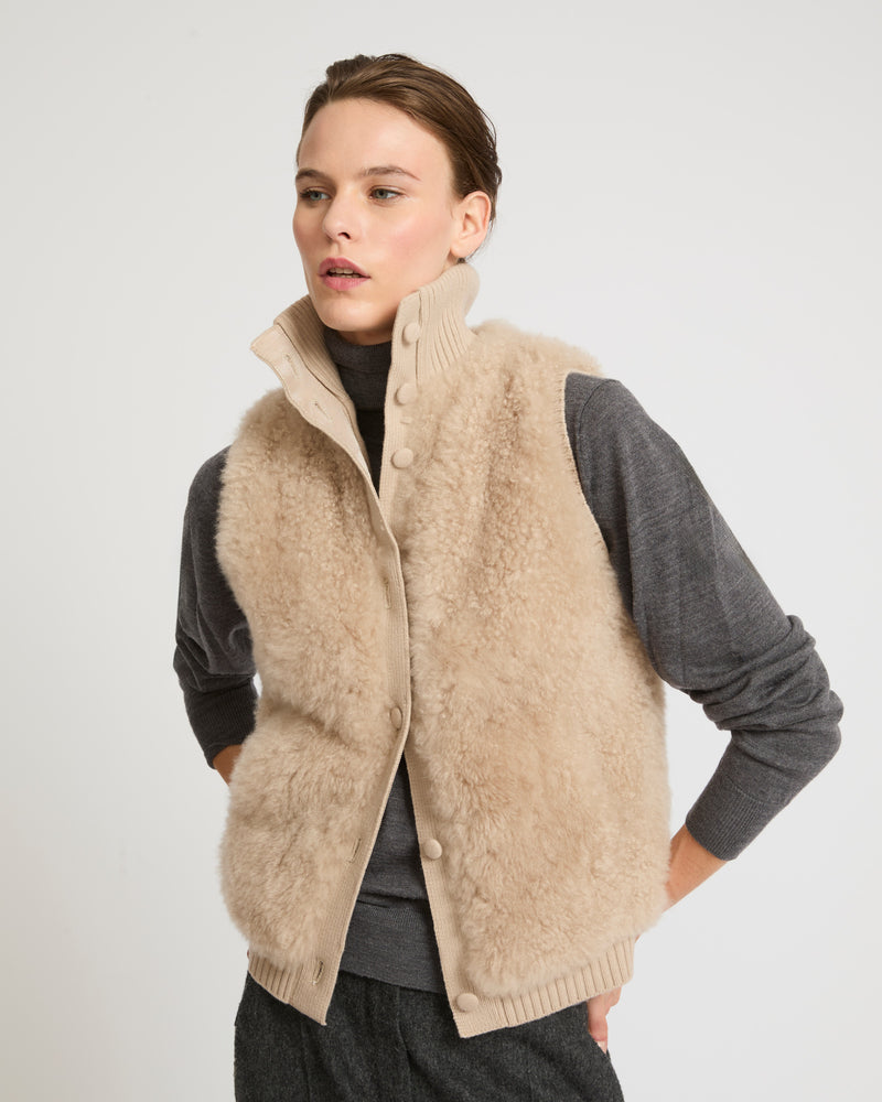 Short gilet in merino knit and lambskin - beige - Yves Salomon