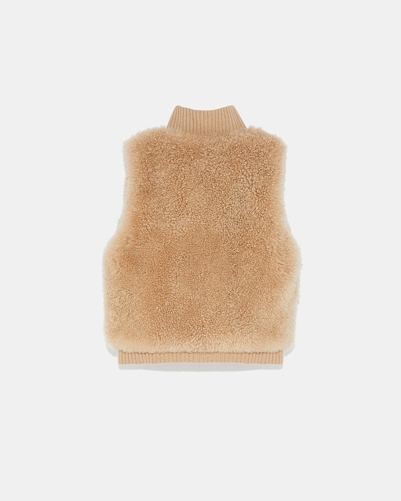 Short gilet in merino knit and lambskin - beige - Yves Salomon