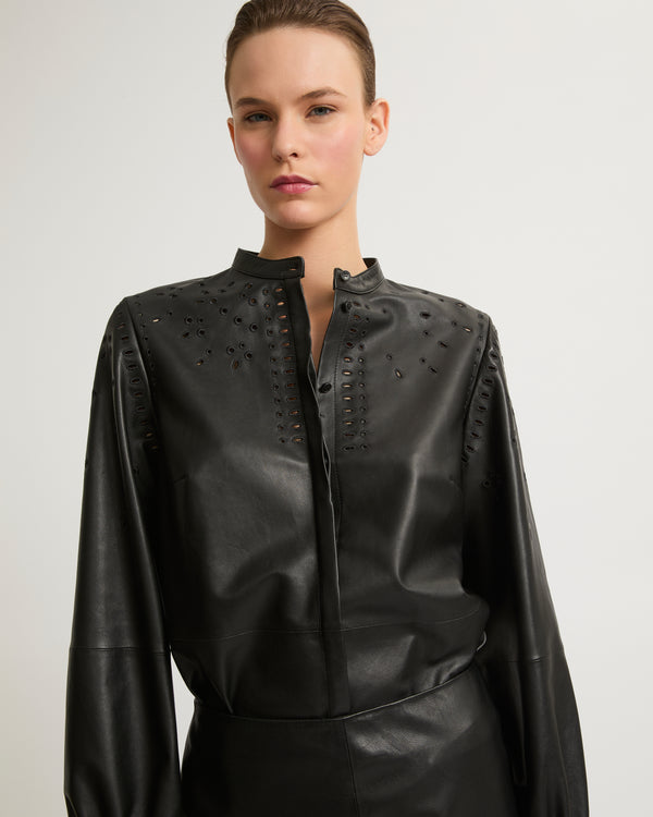 Leather shirt with embroidery - black - Yves Salomon