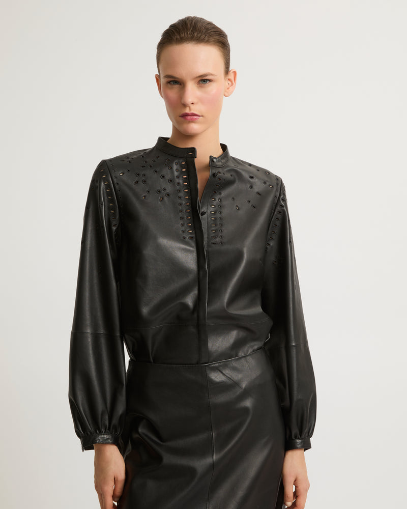 Leather shirt with embroidery - black - Yves Salomon