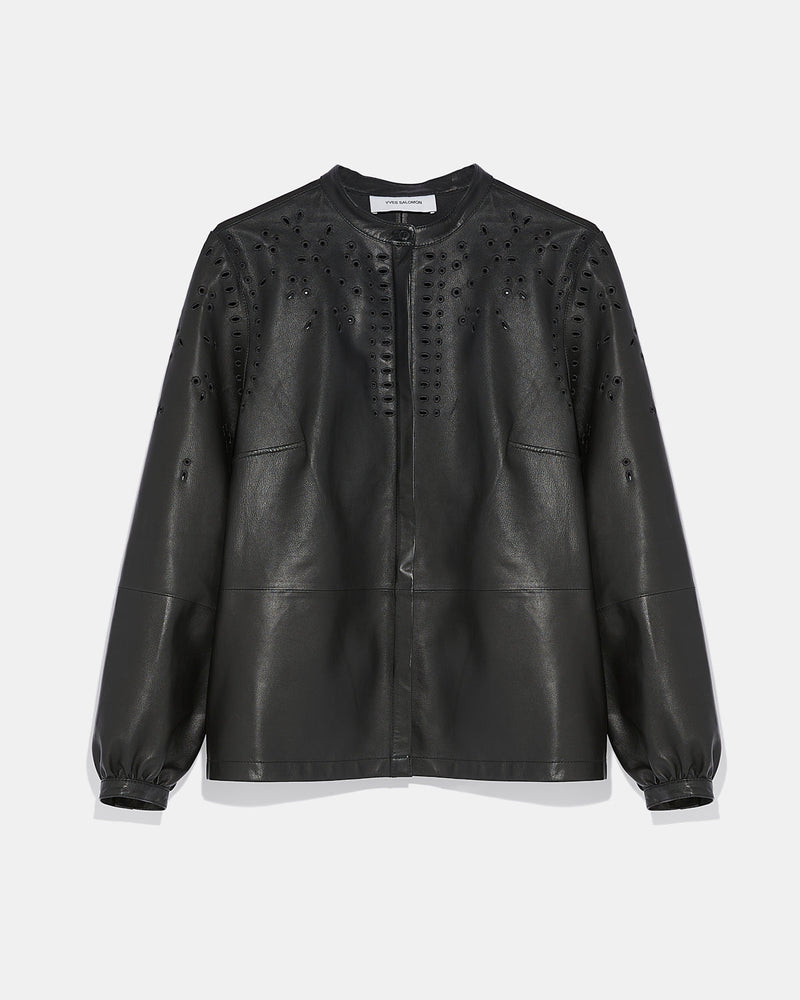 Leather shirt with embroidery - black - Yves Salomon