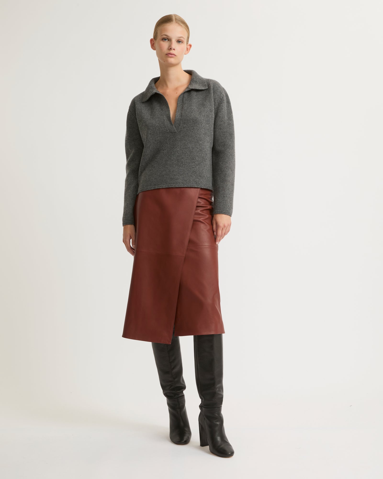 Lamb leather panel skirt - burgundy - Yves Salomon