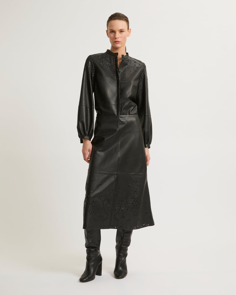 Long leather skirt with embroidery - black - Yves Salomon