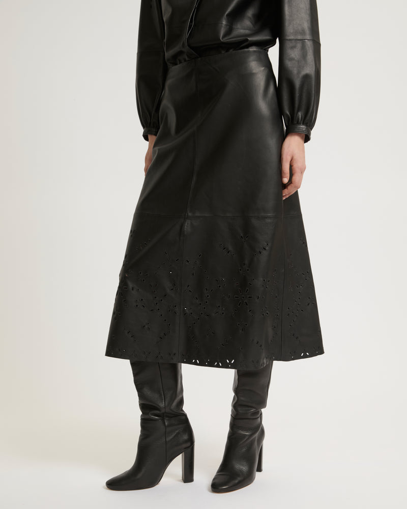 Long leather skirt with embroidery - black - Yves Salomon