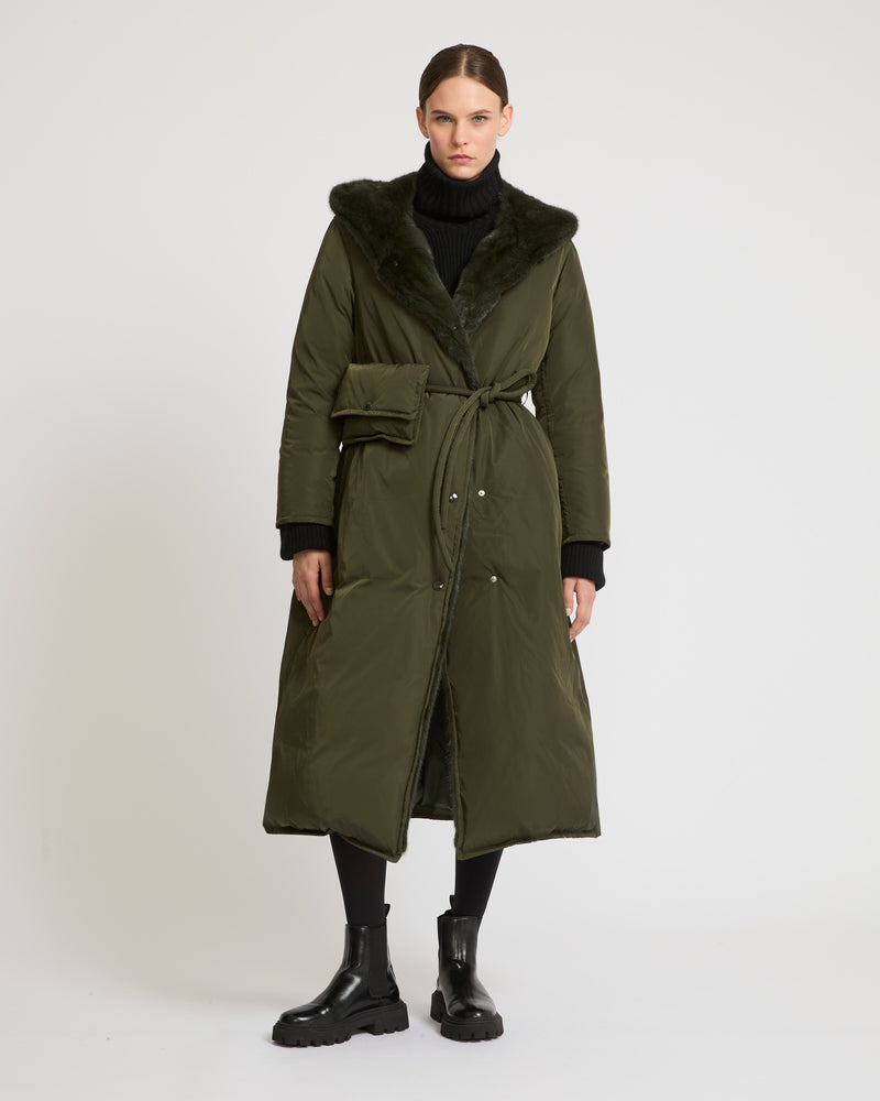 Long down coat in technical fabric and mink fur - khaki - Yves Salomon