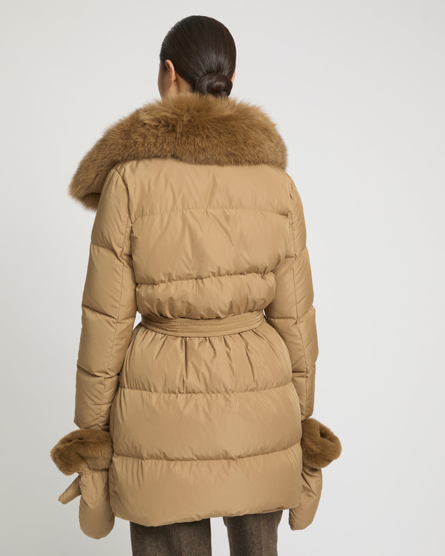 Long belted down jacket in technical fabric with detachable fox fur collar
