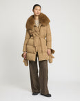 Long belted down jacket in technical fabric with detachable fox fur collar