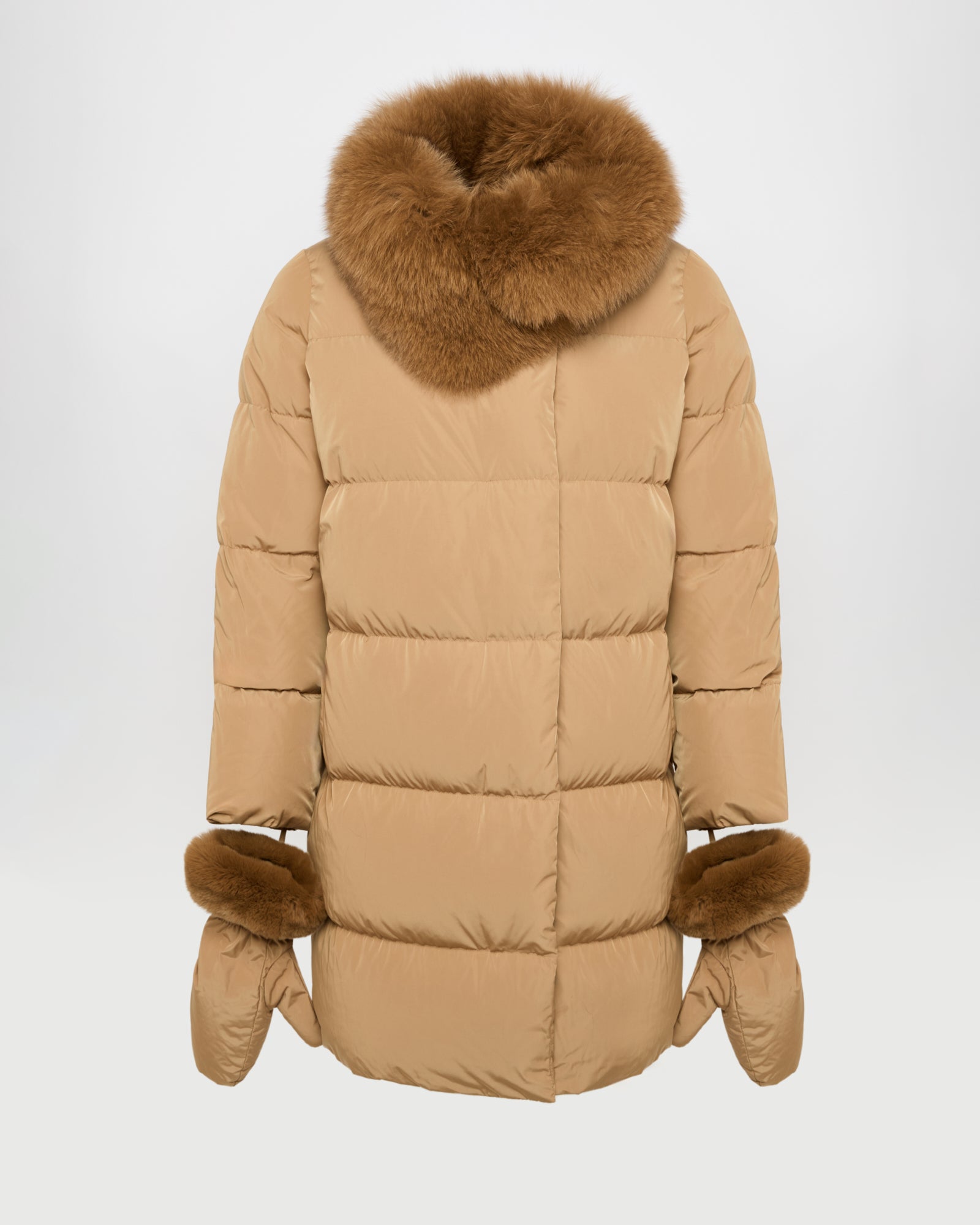 Long belted down jacket with fox fur collar - camel - Winter sale