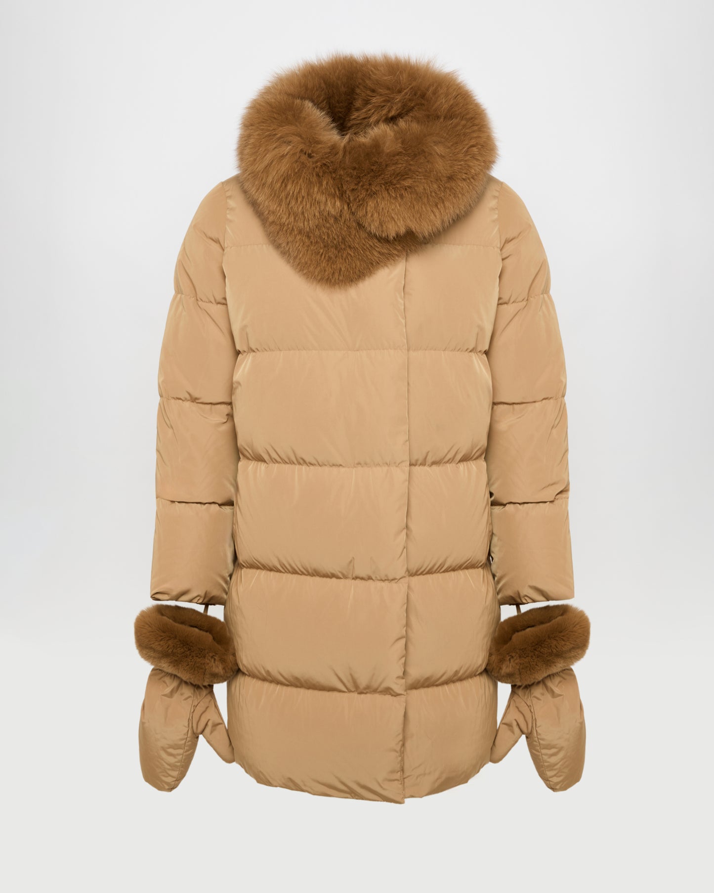 Long belted down jacket in technical fabric with detachable fox fur collar