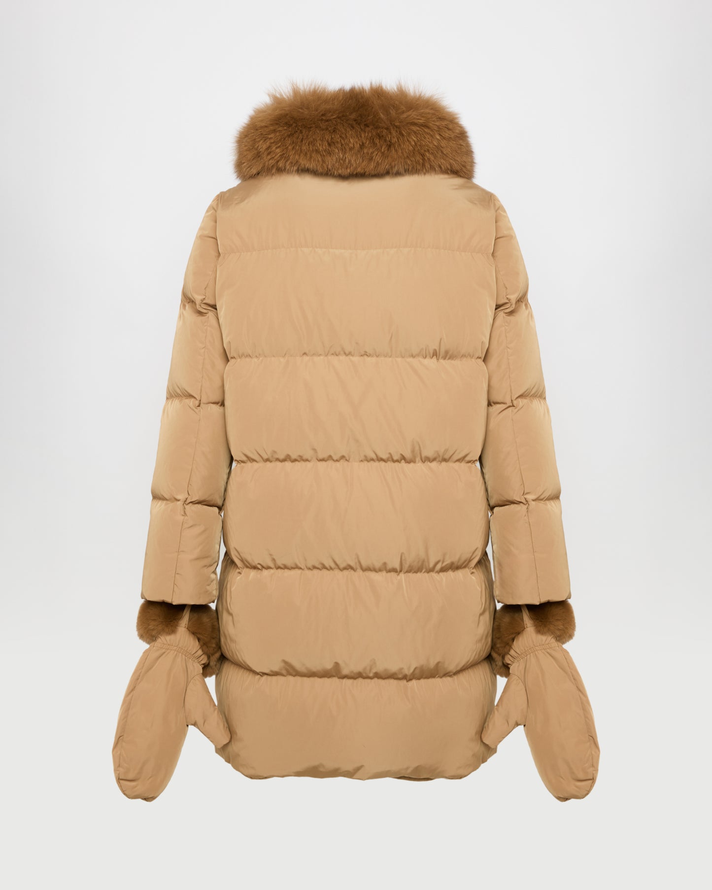 Long belted down jacket in technical fabric with detachable fox fur collar