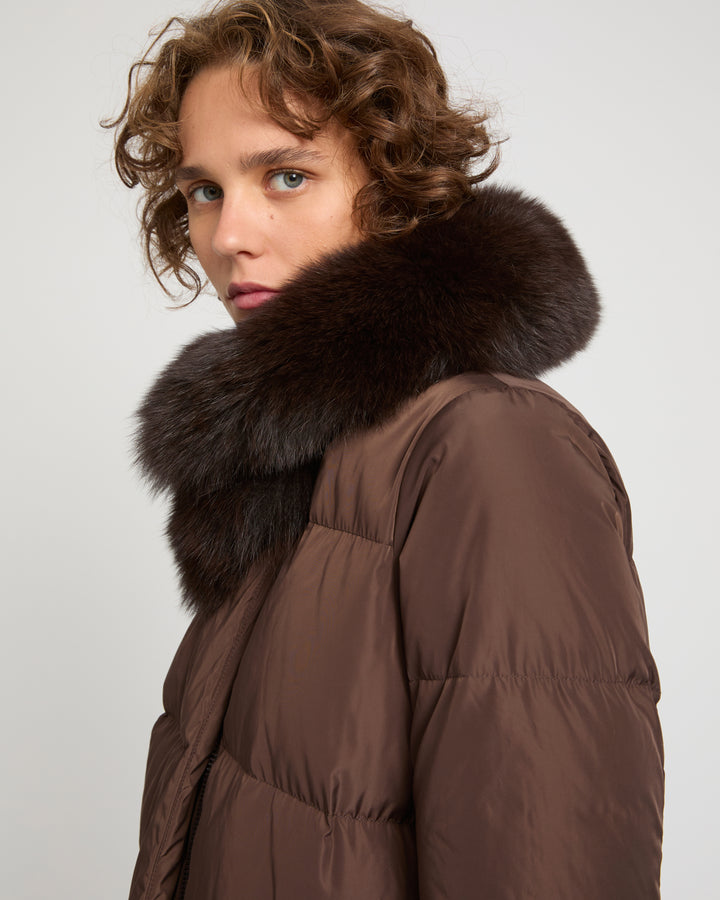 Long belted down jacket in technical fabric with detachable fox fur collar