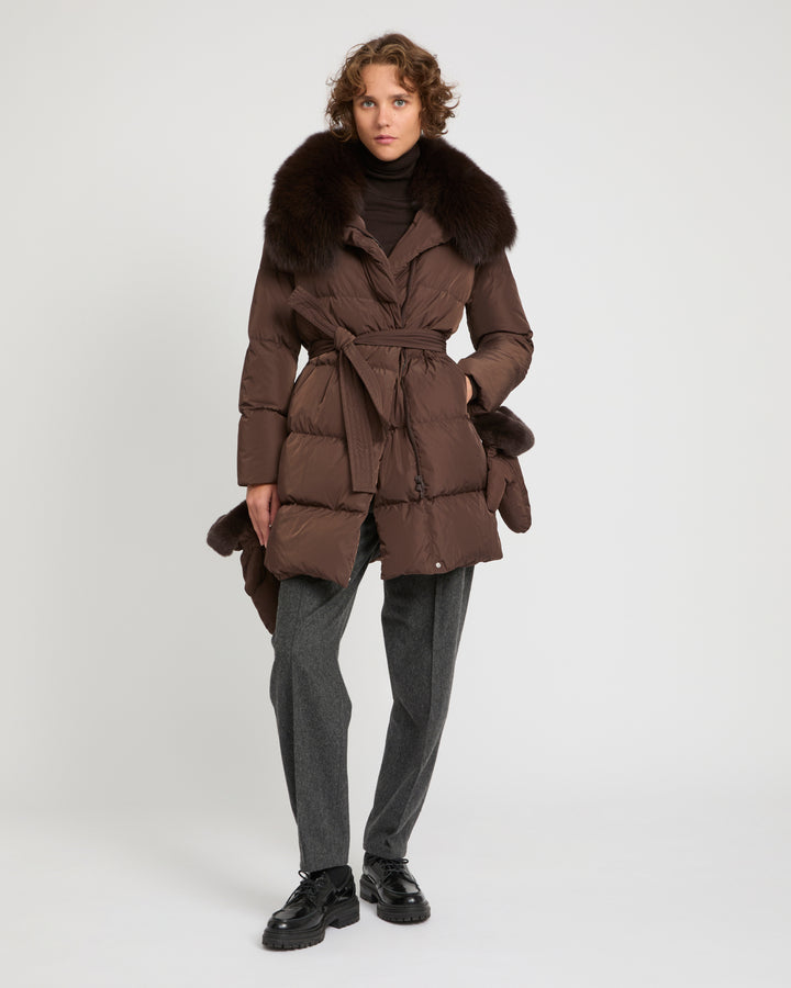 Long belted down jacket in technical fabric with detachable fox fur collar