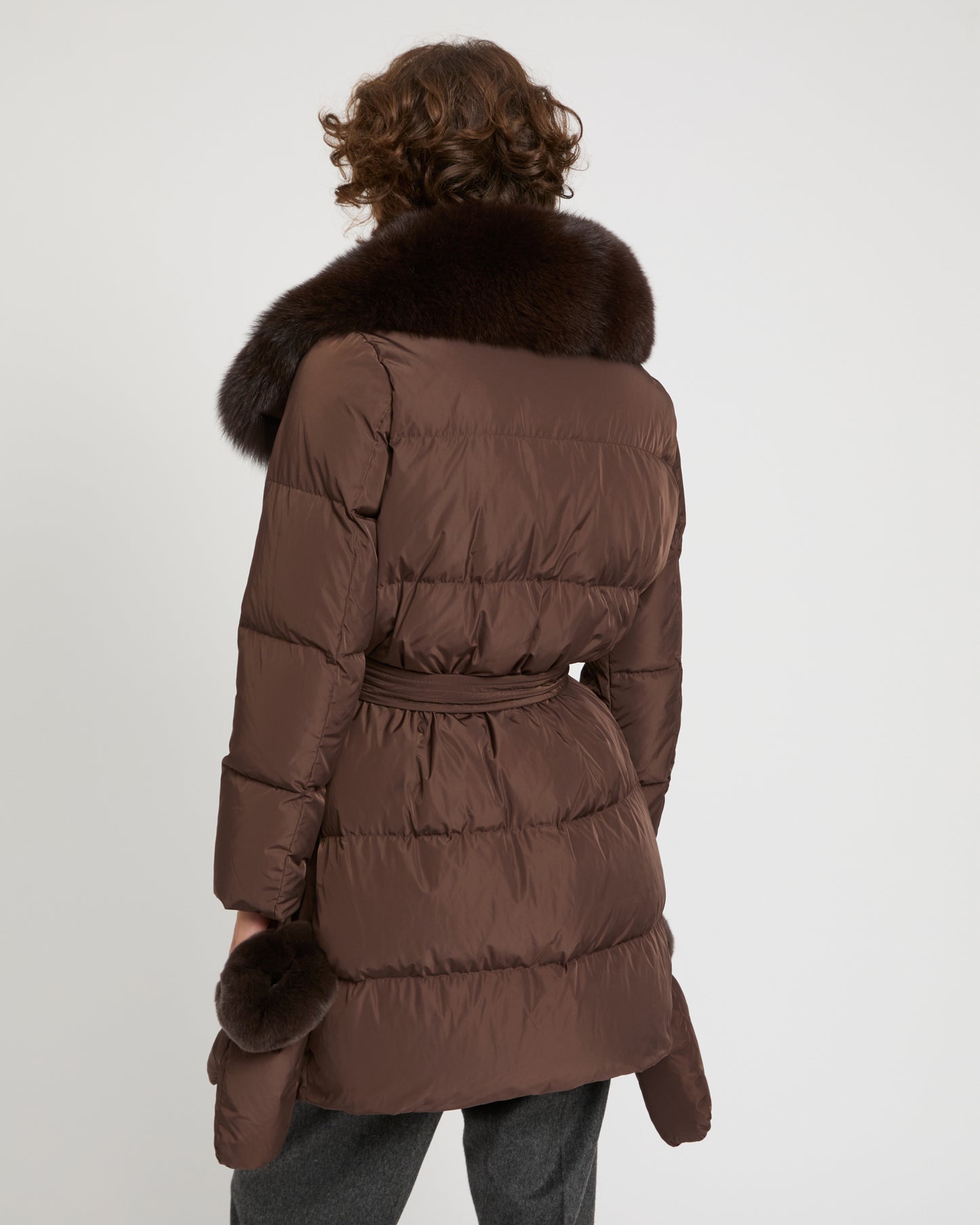Long belted down jacket in technical fabric with detachable fox fur collar