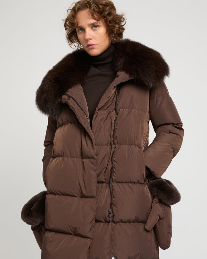 Long belted down jacket in technical fabric with detachable fox fur collar