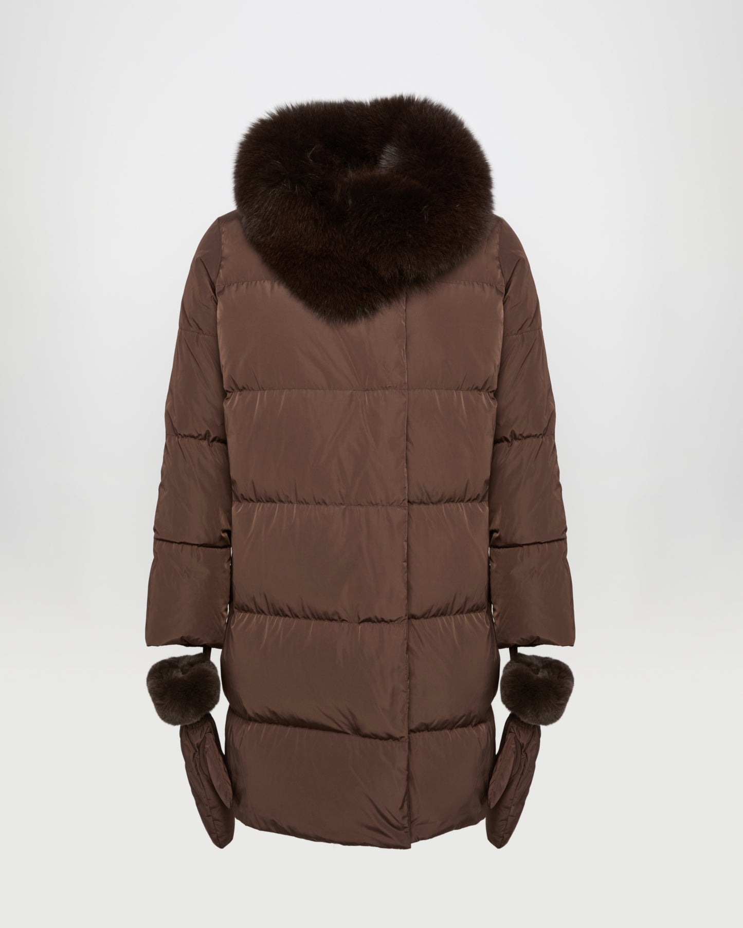 Long belted down jacket in technical fabric with detachable fox fur collar