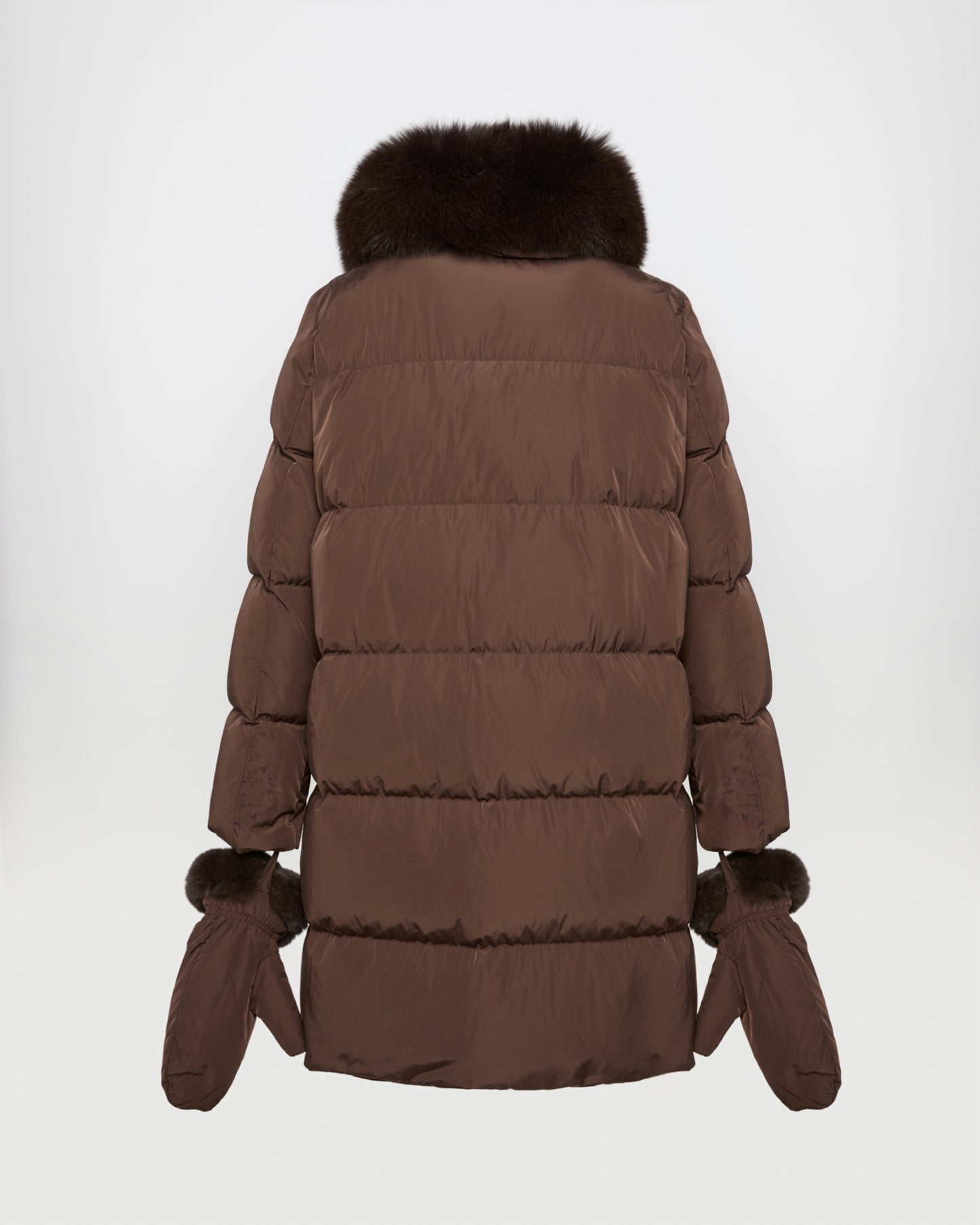 Long belted down jacket in technical fabric with detachable fox fur collar